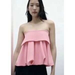 Zara Bubble Hem Tube Top Medium Pink New Strapless Fold Over Puffy Cropped Top